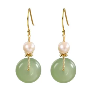 Natural Jade & Freshwater Pearls Earrings Dainty Handmade Earrings for Women Dangle Hook Earrings Drop Earrings Lucky Jewelry Gift for Mom Lover Her (14K Gold Filled)