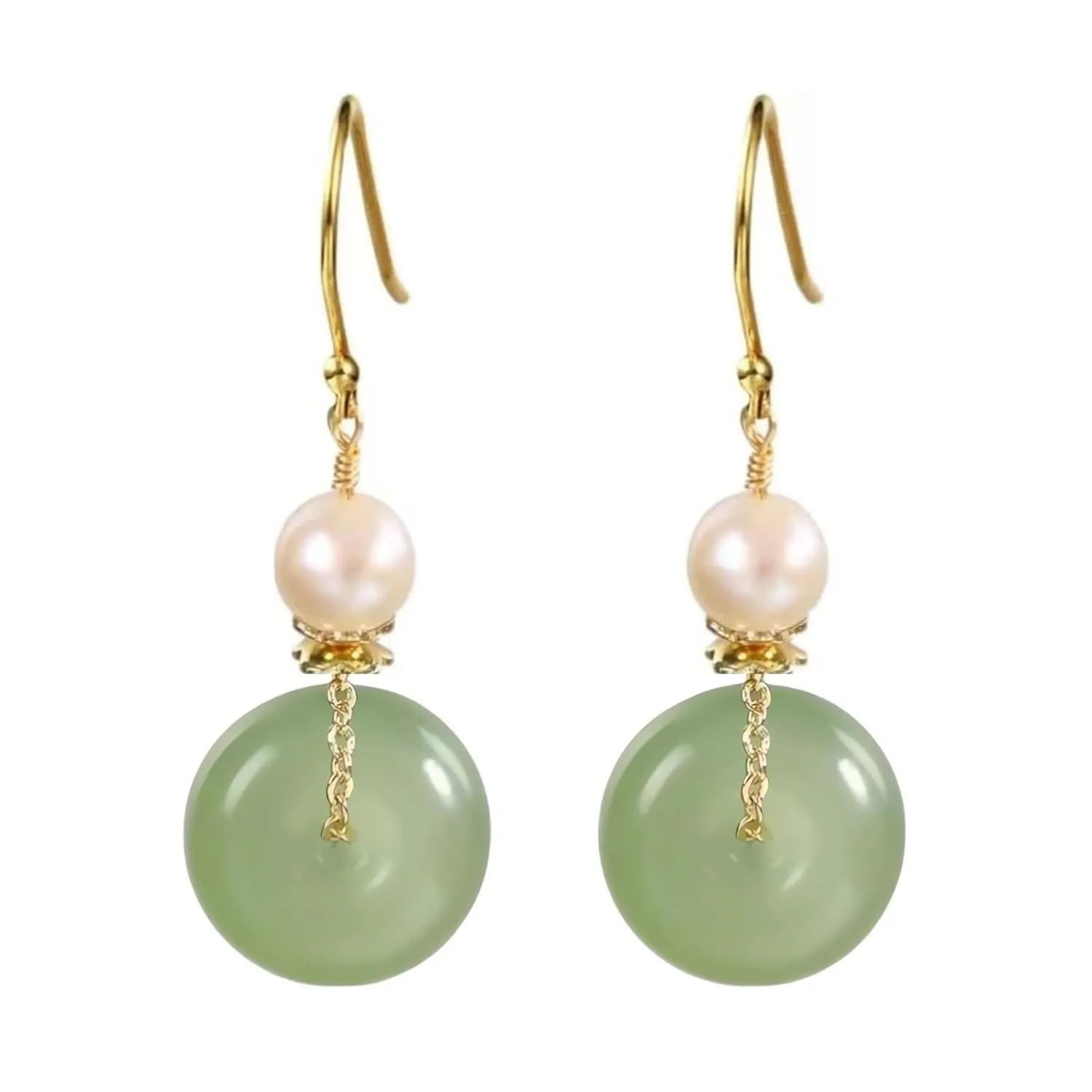 Natural Jade & Freshwater Pearls Earrings Dainty Handmade Earrings for Women Dangle Hook Earrings Drop Earrings Lucky Jewelry Gift for Mom Lover Her (14K Gold Filled)