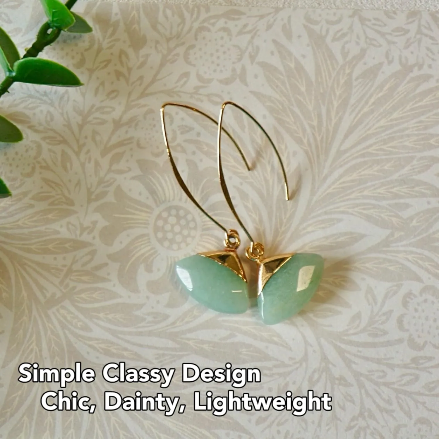 Natural Jade Fan Shape Earrings and Necklace Set, Dainty 18k Gold Plated Genuine Green Jade Jewelry, Gifts for Women Girls Birthday Christmas (Earrings Long)