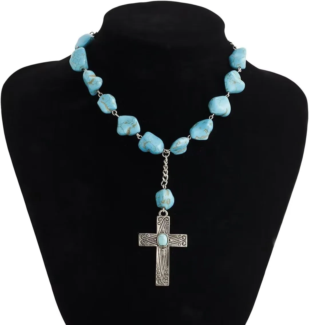 Natural Turquoise Necklace Boho Bead Silver Cross Vintage Statement Pendant Necklace Handmade Turquoise Western Necklaces Jewelry Gifts for Women Men