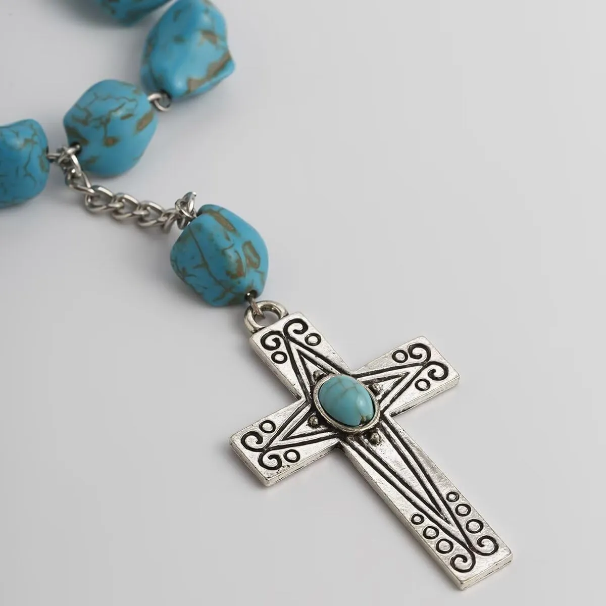 Natural Turquoise Necklace Boho Bead Silver Cross Vintage Statement Pendant Necklace Handmade Turquoise Western Necklaces Jewelry Gifts for Women Men