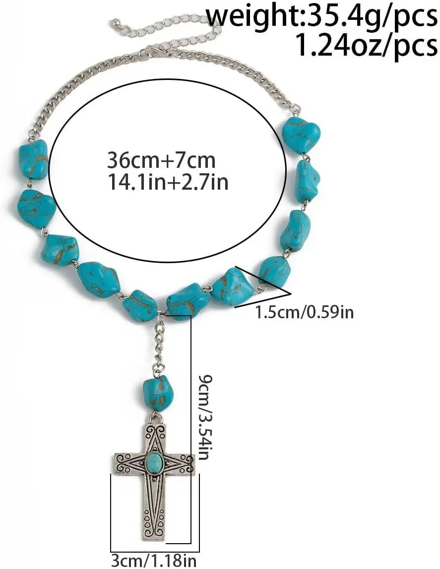 Natural Turquoise Necklace Boho Bead Silver Cross Vintage Statement Pendant Necklace Handmade Turquoise Western Necklaces Jewelry Gifts for Women Men