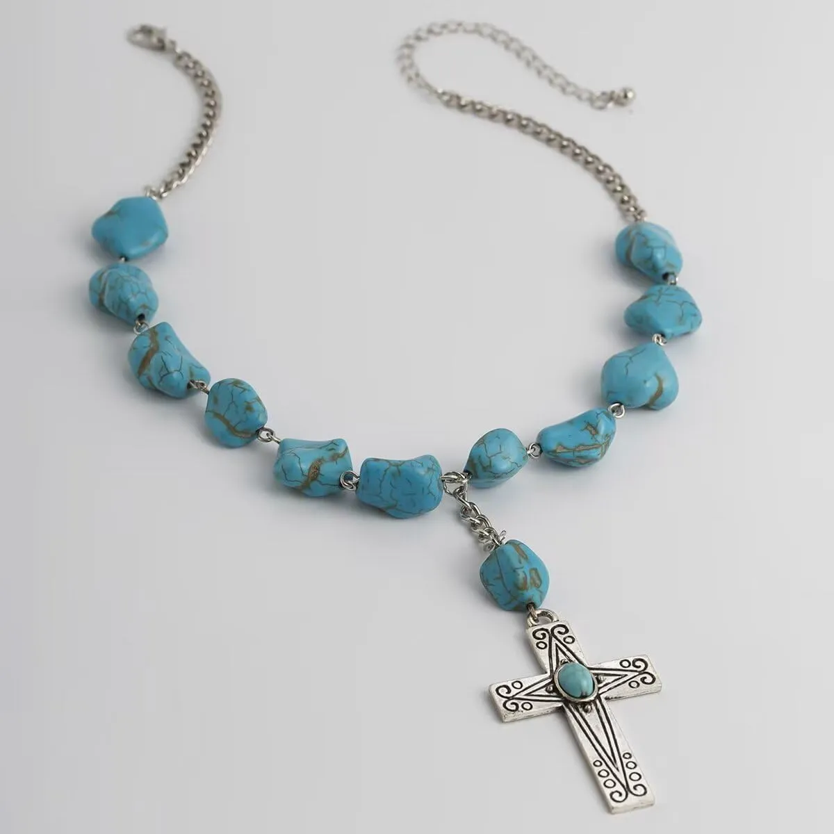 Natural Turquoise Necklace Boho Bead Silver Cross Vintage Statement Pendant Necklace Handmade Turquoise Western Necklaces Jewelry Gifts for Women Men