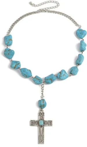 Natural Turquoise Necklace Boho Bead Silver Cross Vintage Statement Pendant Necklace Handmade Turquoise Western Necklaces Jewelry Gifts for Women Men