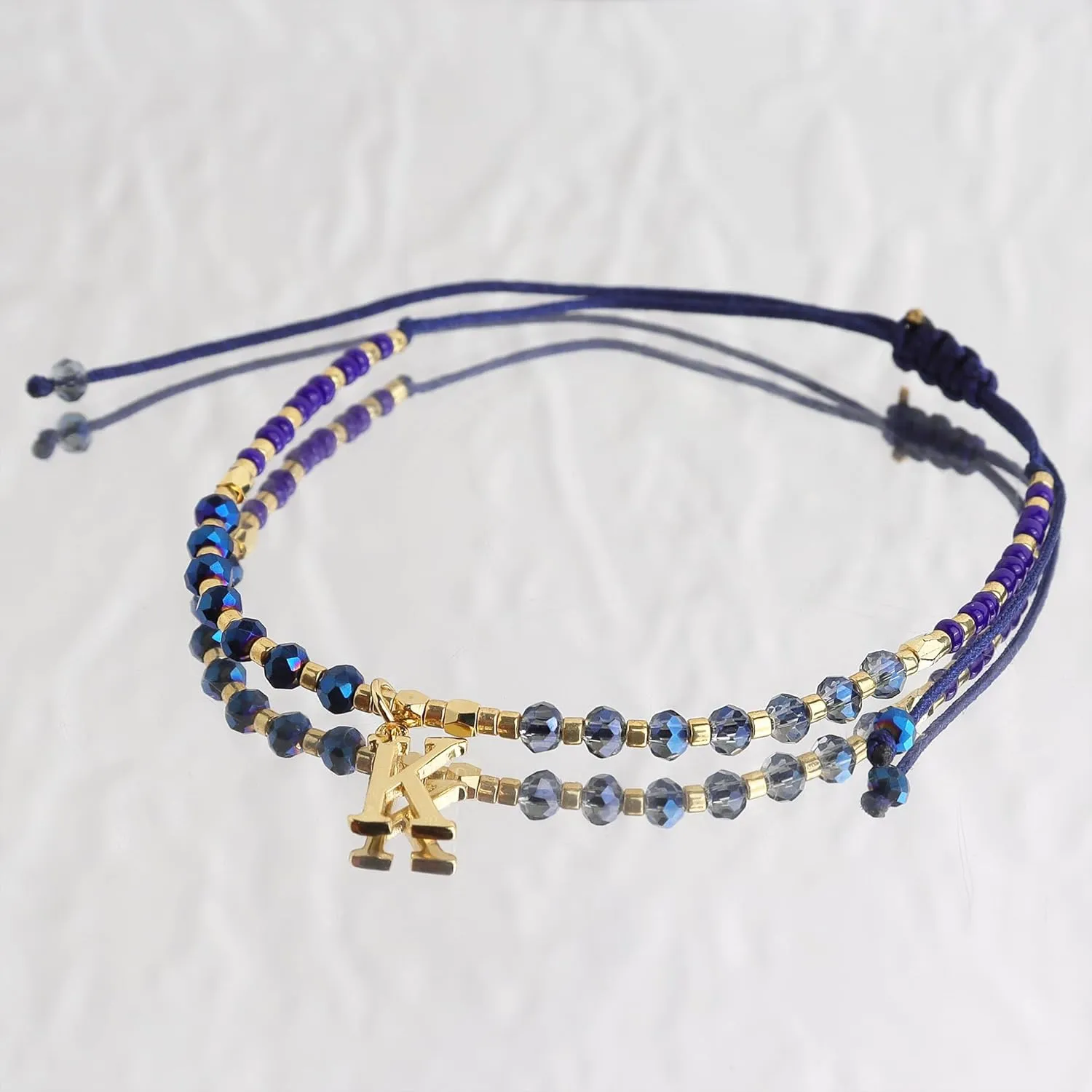 Navy Blue Gold Beaded Natural Stone Initial Bracelets for Women, Boho Handmade Personalized Gemstone Beads Letter Name Braided Rope Adjustable Bracelet Beach Jewelry Gift