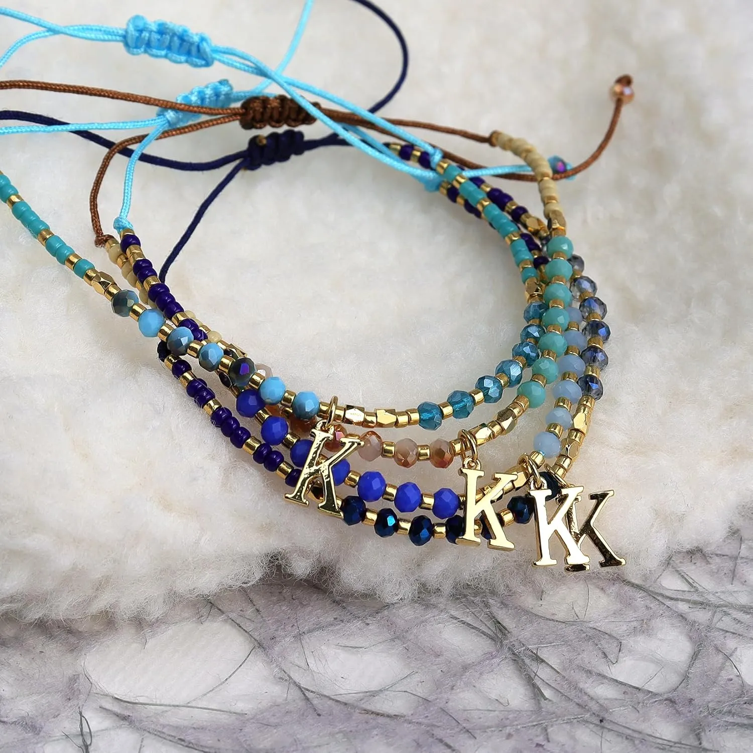 Navy Blue Gold Beaded Natural Stone Initial Bracelets for Women, Boho Handmade Personalized Gemstone Beads Letter Name Braided Rope Adjustable Bracelet Beach Jewelry Gift