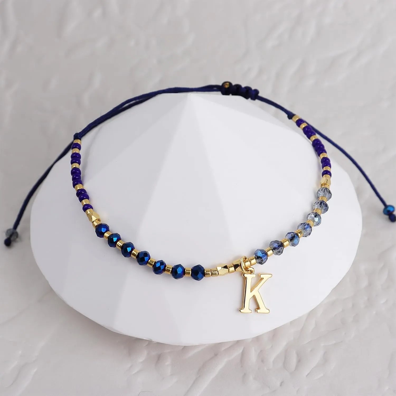 Navy Blue Gold Beaded Natural Stone Initial Bracelets for Women, Boho Handmade Personalized Gemstone Beads Letter Name Braided Rope Adjustable Bracelet Beach Jewelry Gift