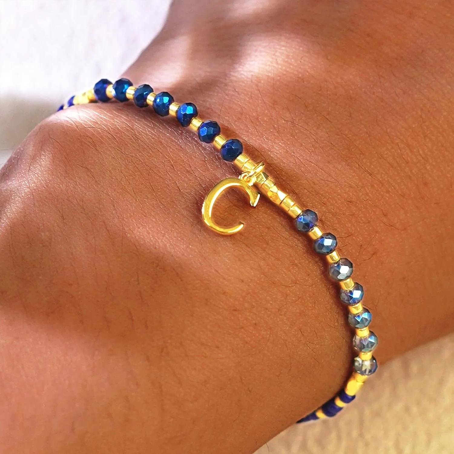 Navy Blue Gold Beaded Natural Stone Initial Bracelets for Women, Boho Handmade Personalized Gemstone Beads Letter Name Braided Rope Adjustable Bracelet Beach Jewelry Gift
