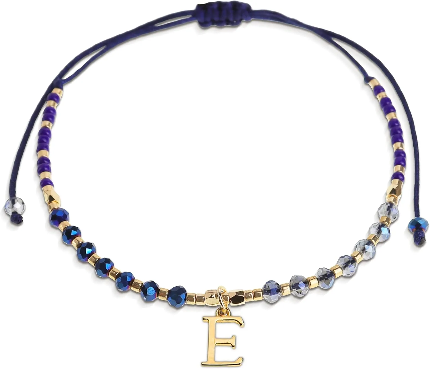 Navy Blue Gold Beaded Natural Stone Initial Bracelets for Women, Boho Handmade Personalized Gemstone Beads Letter Name Braided Rope Adjustable Bracelet Beach Jewelry Gift