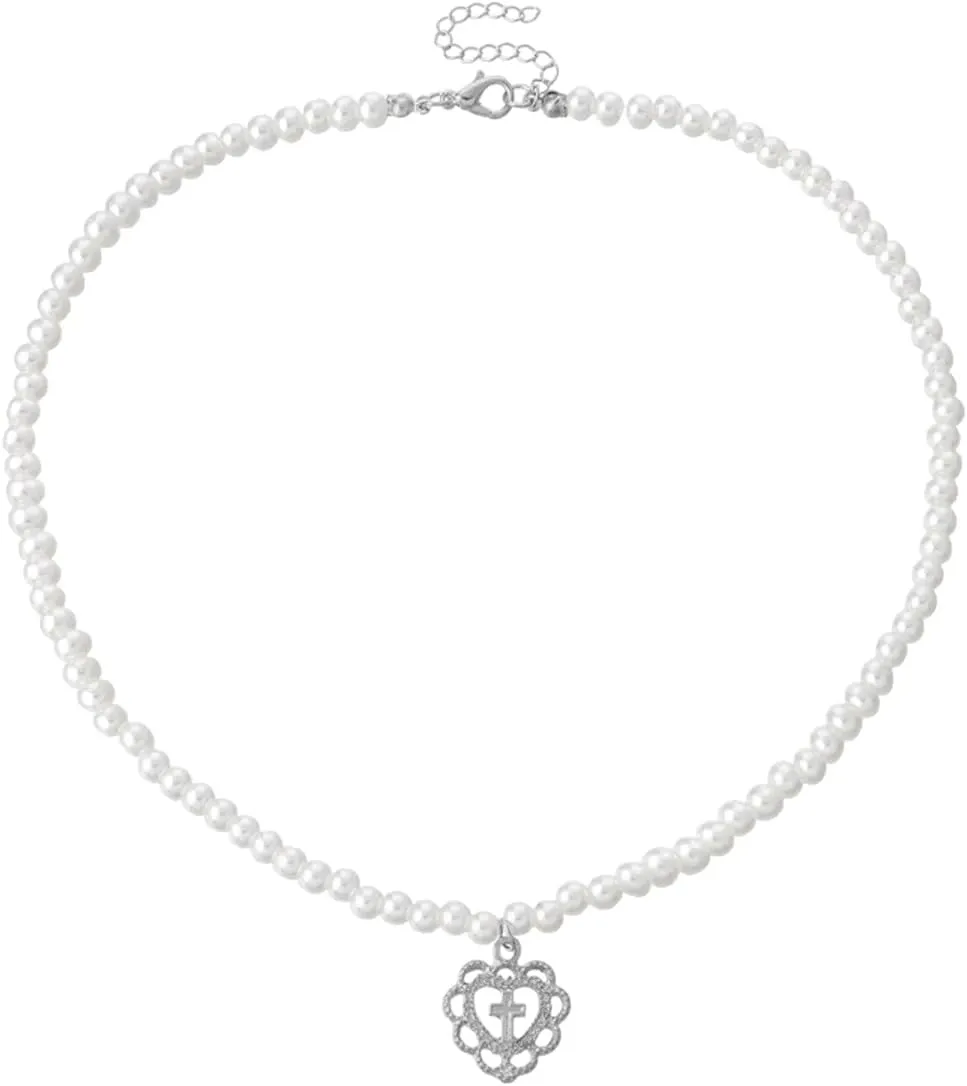 New 2025 Bow Love Cross Imitation Pearl Pendant Necklace For Women French Romantic Sweet Clavicle Chain Fashion Jewelry With For You Fashion Accessories Creative Gift
