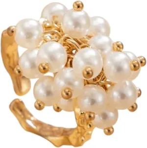 New 2025 Elegant Imitation Pearl Open Ring For Women Vintage Gold Color Petal Flower Adjustable Rings Party Jewelry Accessories Jewelry With You Accessories Trendy Best For Gift