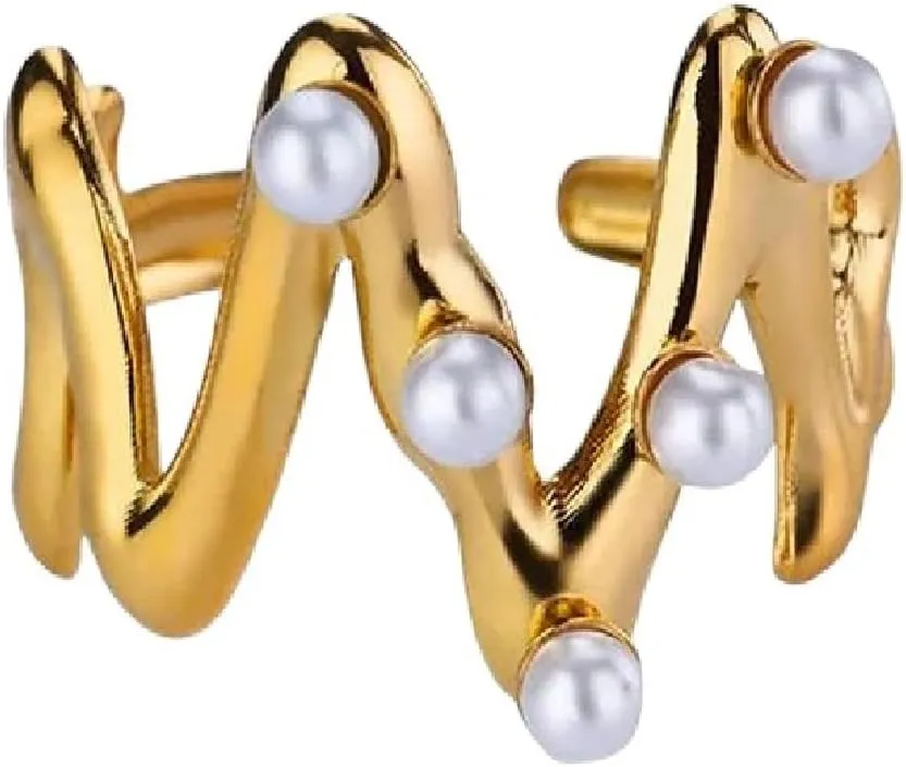 New 2025 Geometric Imitation Pearl Rings For Women Stainless Steel Gold Color Wave Ring Wedding Jewelry Anillos Jewelry With You Accessories Trendy Best For Gift