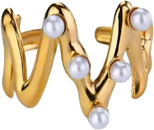 New 2025 Geometric Imitation Pearl Rings For Women Stainless Steel Gold Color Wave Ring Wedding Jewelry Anillos Jewelry With You Accessories Trendy Best For Gift
