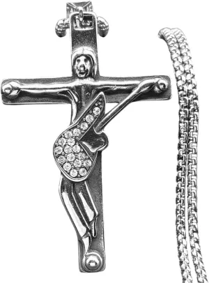 New 2025 Hip Hop Guitar Jesus Crucifix Cross Pendant Punk Stainless Steel Necklace For Women Men Silver Color Chain Jewelry Music Decoration Jewelry Commemorative Trendy Best For Gift