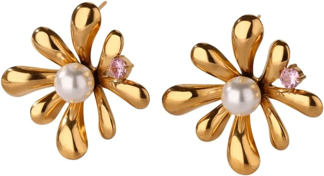 New 2025 Imitation Pearl Sun Flower Earrings For Women Stainless Steel Gold Color Stud Trend Piering Wedding Jewelry Findings Gift Fashion Trendy Accessories Creative