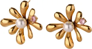 New 2025 Imitation Pearl Sun Flower Earrings For Women Stainless Steel Gold Color Stud Trend Piering Wedding Jewelry Findings Gift Fashion Trendy Accessories Creative