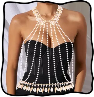 Nicute Pearl Body Chain Shell Bra Chains Boho Pearls Halter Top Chain Beach Mermaid Accessories for Women
