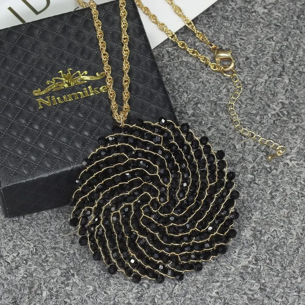 Niumike Long Pendant Necklace for Women - Womens Handmade Long Statement Beaded Crystal Large Disc Circle Pendant Gold Plated Sweater Chain Boho Necklaces