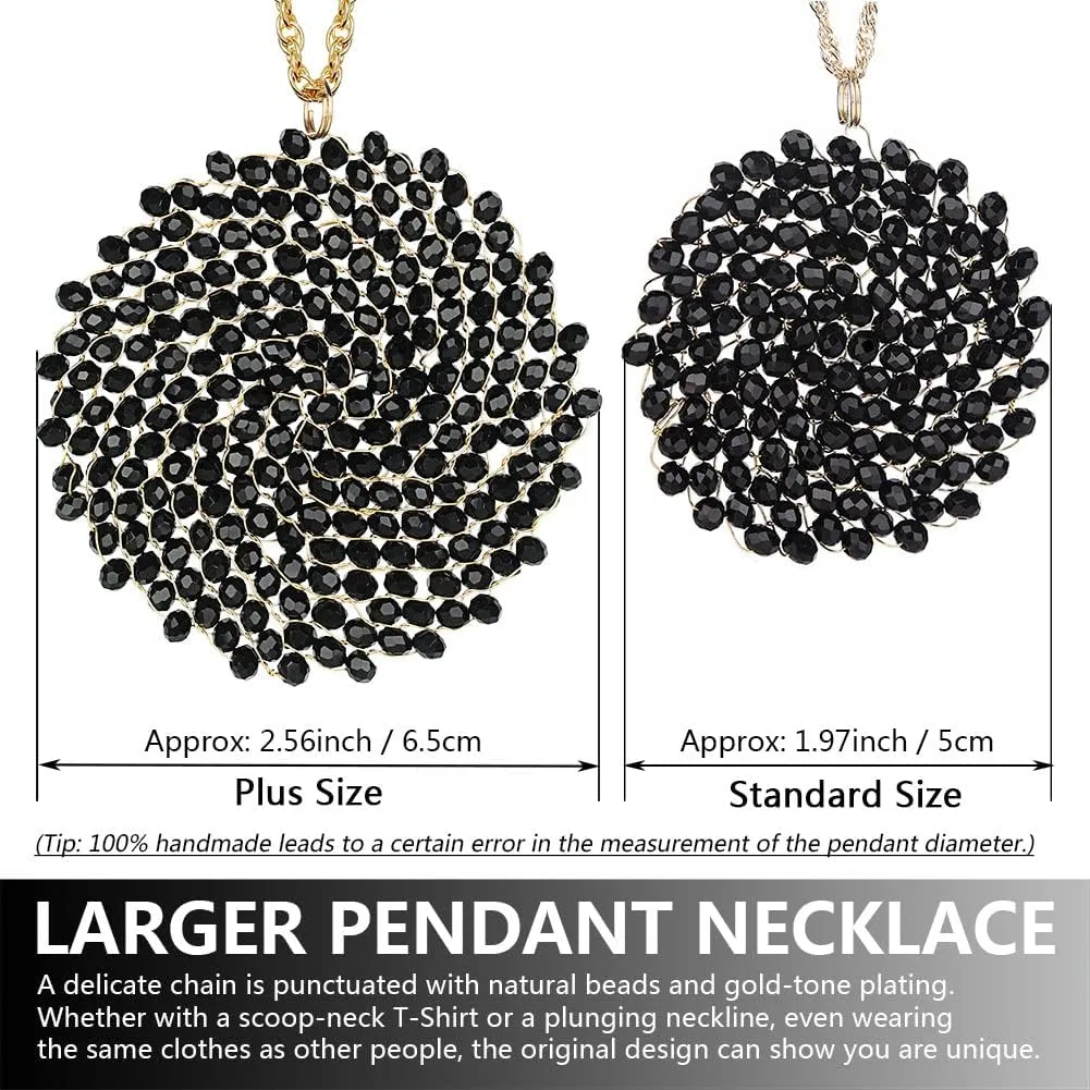 Niumike Long Pendant Necklace for Women - Womens Handmade Long Statement Beaded Crystal Large Disc Circle Pendant Gold Plated Sweater Chain Boho Necklaces
