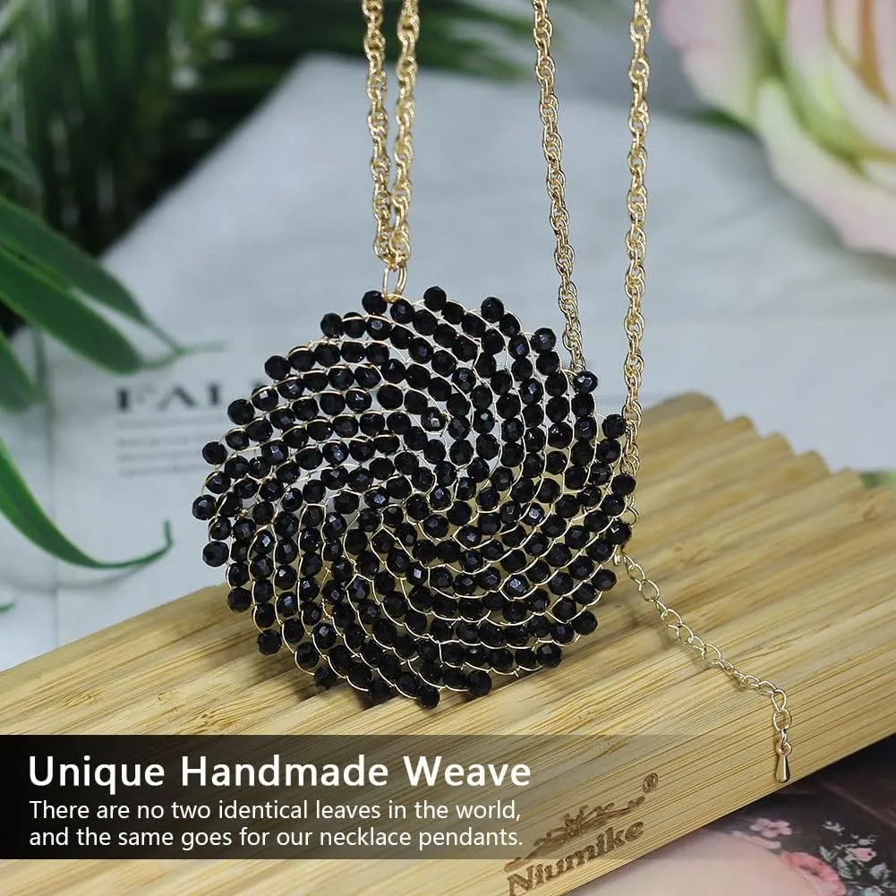 Niumike Long Pendant Necklace for Women - Womens Handmade Long Statement Beaded Crystal Large Disc Circle Pendant Gold Plated Sweater Chain Boho Necklaces