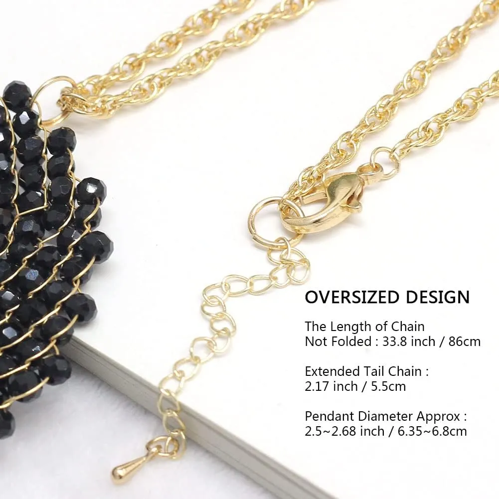 Niumike Long Pendant Necklace for Women - Womens Handmade Long Statement Beaded Crystal Large Disc Circle Pendant Gold Plated Sweater Chain Boho Necklaces
