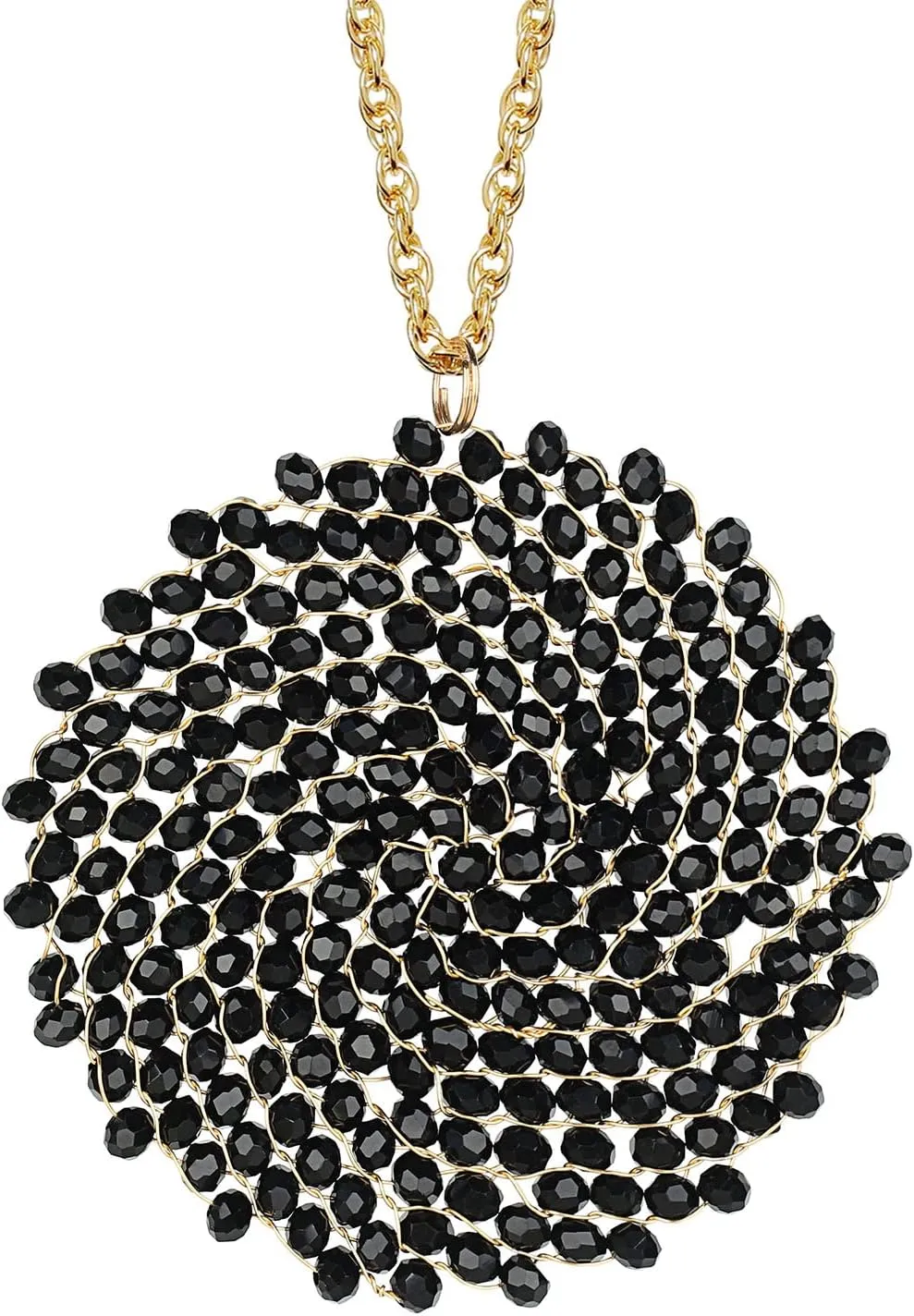 Niumike Long Pendant Necklace for Women - Womens Handmade Long Statement Beaded Crystal Large Disc Circle Pendant Gold Plated Sweater Chain Boho Necklaces