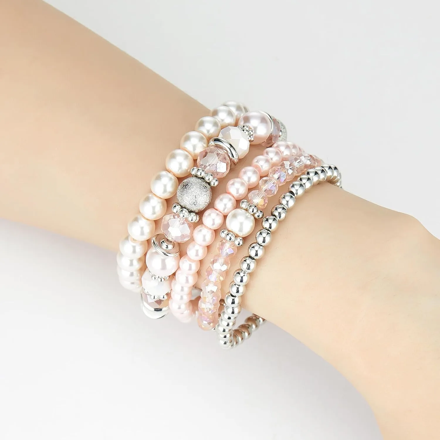 Noessla Beaded Pearl Stretch Bracelet Silver Stackable Crystal Beads Bracelets Trendy Costume Jewelry Mothers Day Gifts for Women