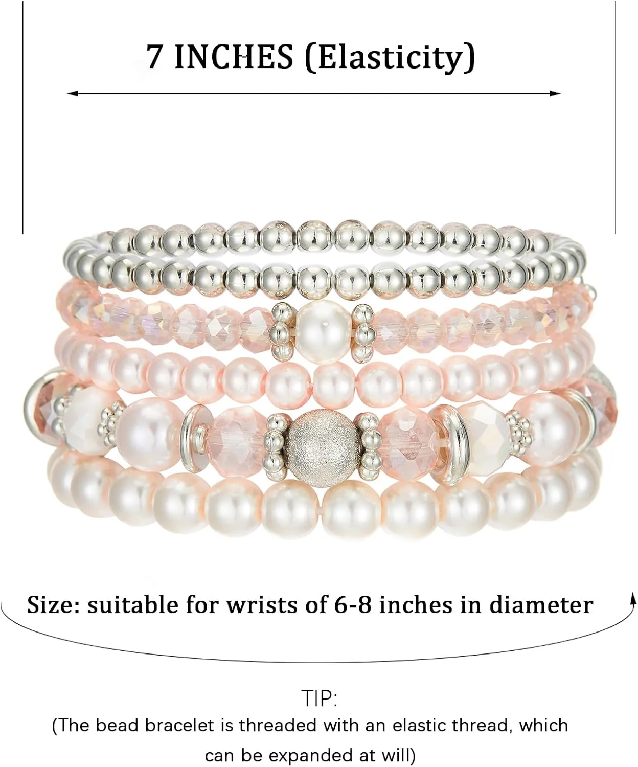 Noessla Beaded Pearl Stretch Bracelet Silver Stackable Crystal Beads Bracelets Trendy Costume Jewelry Mothers Day Gifts for Women