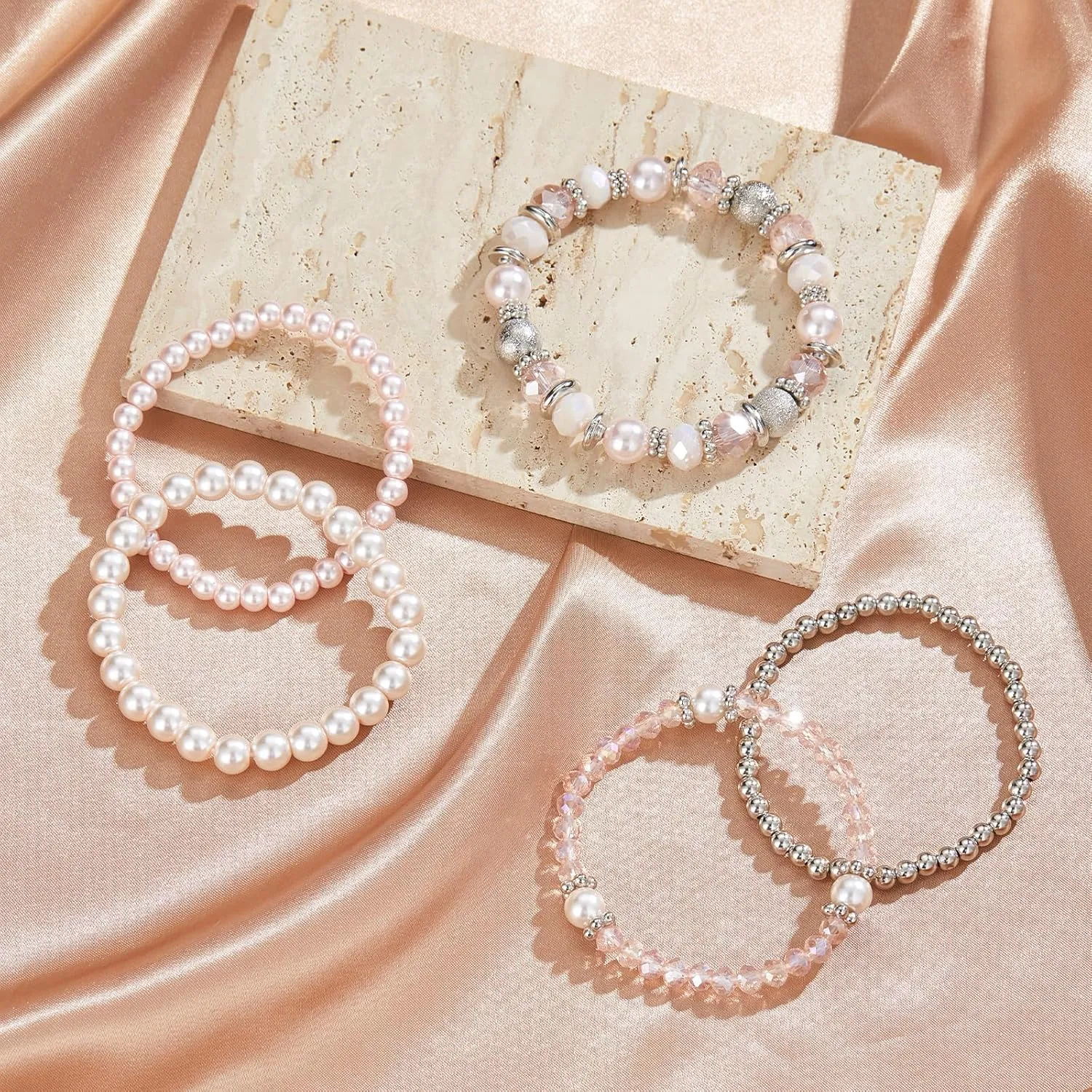 Noessla Beaded Pearl Stretch Bracelet Silver Stackable Crystal Beads Bracelets Trendy Costume Jewelry Mothers Day Gifts for Women