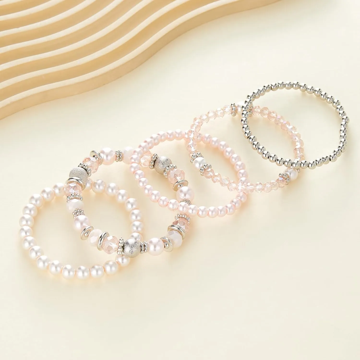 Noessla Beaded Pearl Stretch Bracelet Silver Stackable Crystal Beads Bracelets Trendy Costume Jewelry Mothers Day Gifts for Women