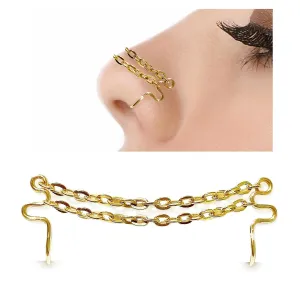 Nose Chain for Double Fake Nose Piercing Gold with Two Chains - Nostril Piercing - Non Pierced Fake Cuff Nose Ring