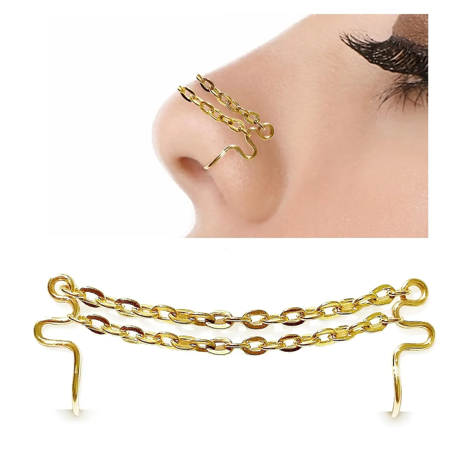 Nose Chain for Double Fake Nose Piercing Gold with Two Chains - Nostril Piercing - Non Pierced Fake Cuff Nose Ring