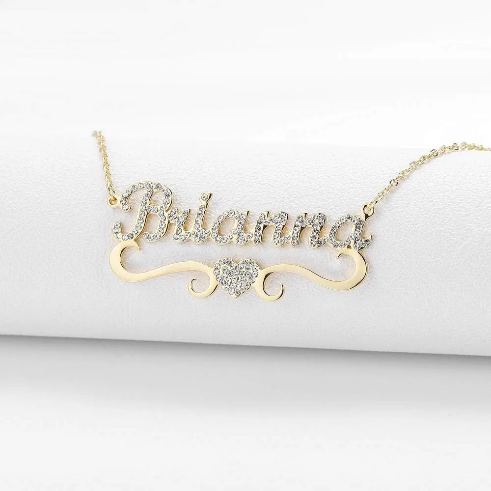 NOUMANDA Full Diamond Personalized Custom Name Necklace Love Heart Pendant Delicate Shining Initial Letter Jewelry for Women