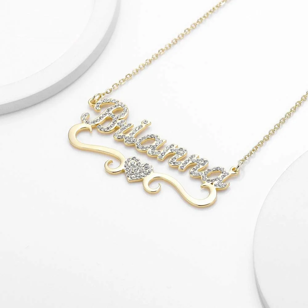 NOUMANDA Full Diamond Personalized Custom Name Necklace Love Heart Pendant Delicate Shining Initial Letter Jewelry for Women