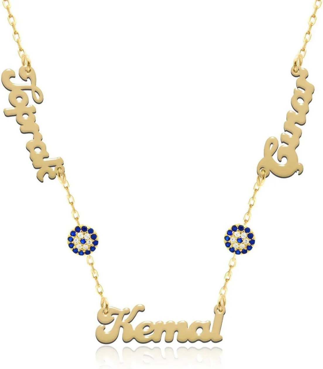 NOUMANDA Personalized Custom 3 Names Necklace 2 Blue Rhinestones Round Evil Eyes Pendant Fashion Delicate Jewelry Gifts