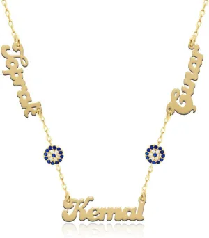 NOUMANDA Personalized Custom 3 Names Necklace 2 Blue Rhinestones Round Evil Eyes Pendant Fashion Delicate Jewelry Gifts