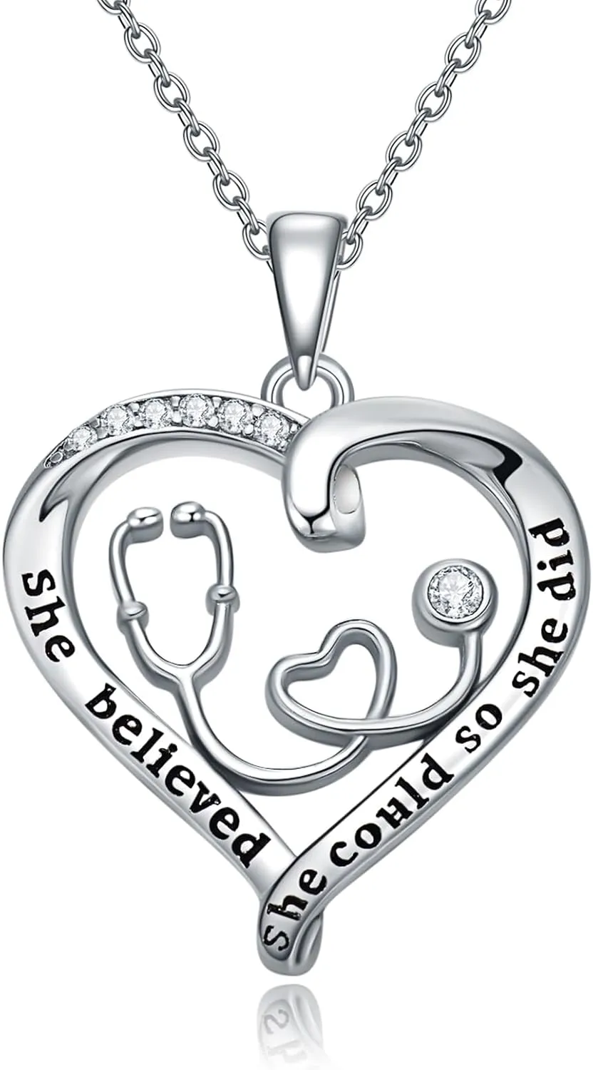 OCJ Nurse Gifts Nurse Pendant 925 Sterling Silver Heart Stethoscope Caduceus Angel Wings RN Necklaces Jewelry Birthday Graduation Gifts for Nurse, Doctor, Medical Student