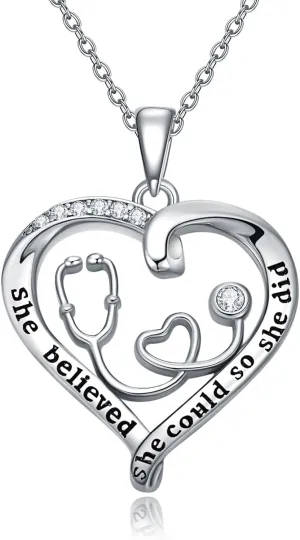 OCJ Nurse Gifts Nurse Pendant 925 Sterling Silver Heart Stethoscope Caduceus Angel Wings RN Necklaces Jewelry Birthday Graduation Gifts for Nurse, Doctor, Medical Student