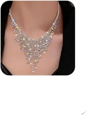 Octwine Delicate Tassels Rhinestone Necklace V Collar Crystal Choker Necklace for Women Jewelry Accessories Dainty