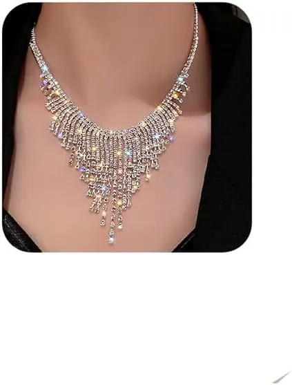 Octwine Delicate Tassels Rhinestone Necklace V Collar Crystal Choker Necklace for Women Jewelry Accessories Dainty