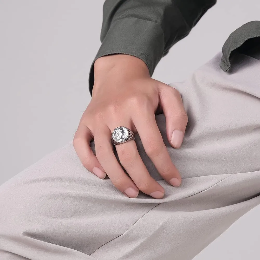 OIDIMS Vintage Roman Caesar Rings Stainless Steel Statement Thumb Middle Knuckle Finger Ring Comfort Fit Personalise Biker Cool Jewelry Gifts for Men Women Bff Birthday Xmas