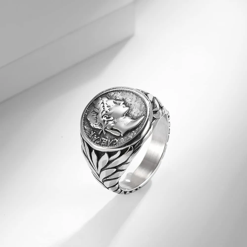 OIDIMS Vintage Roman Caesar Rings Stainless Steel Statement Thumb Middle Knuckle Finger Ring Comfort Fit Personalise Biker Cool Jewelry Gifts for Men Women Bff Birthday Xmas