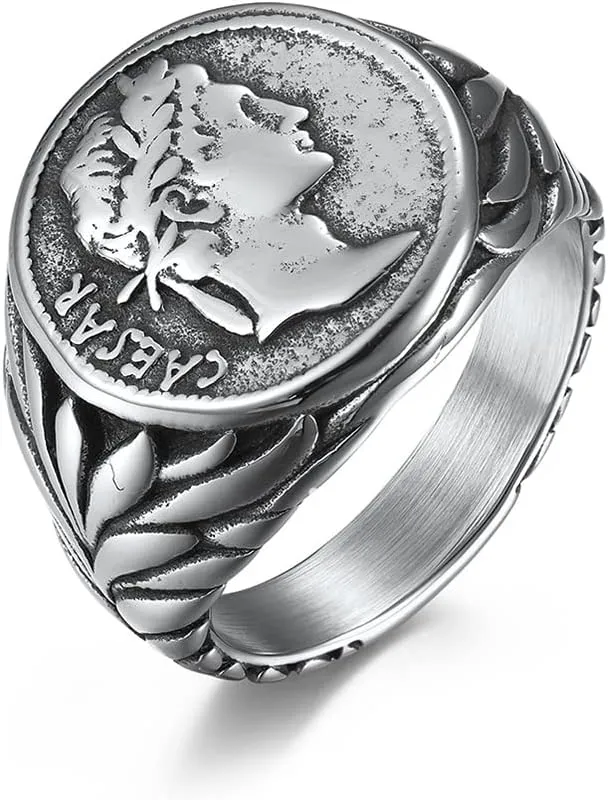 OIDIMS Vintage Roman Caesar Rings Stainless Steel Statement Thumb Middle Knuckle Finger Ring Comfort Fit Personalise Biker Cool Jewelry Gifts for Men Women Bff Birthday Xmas