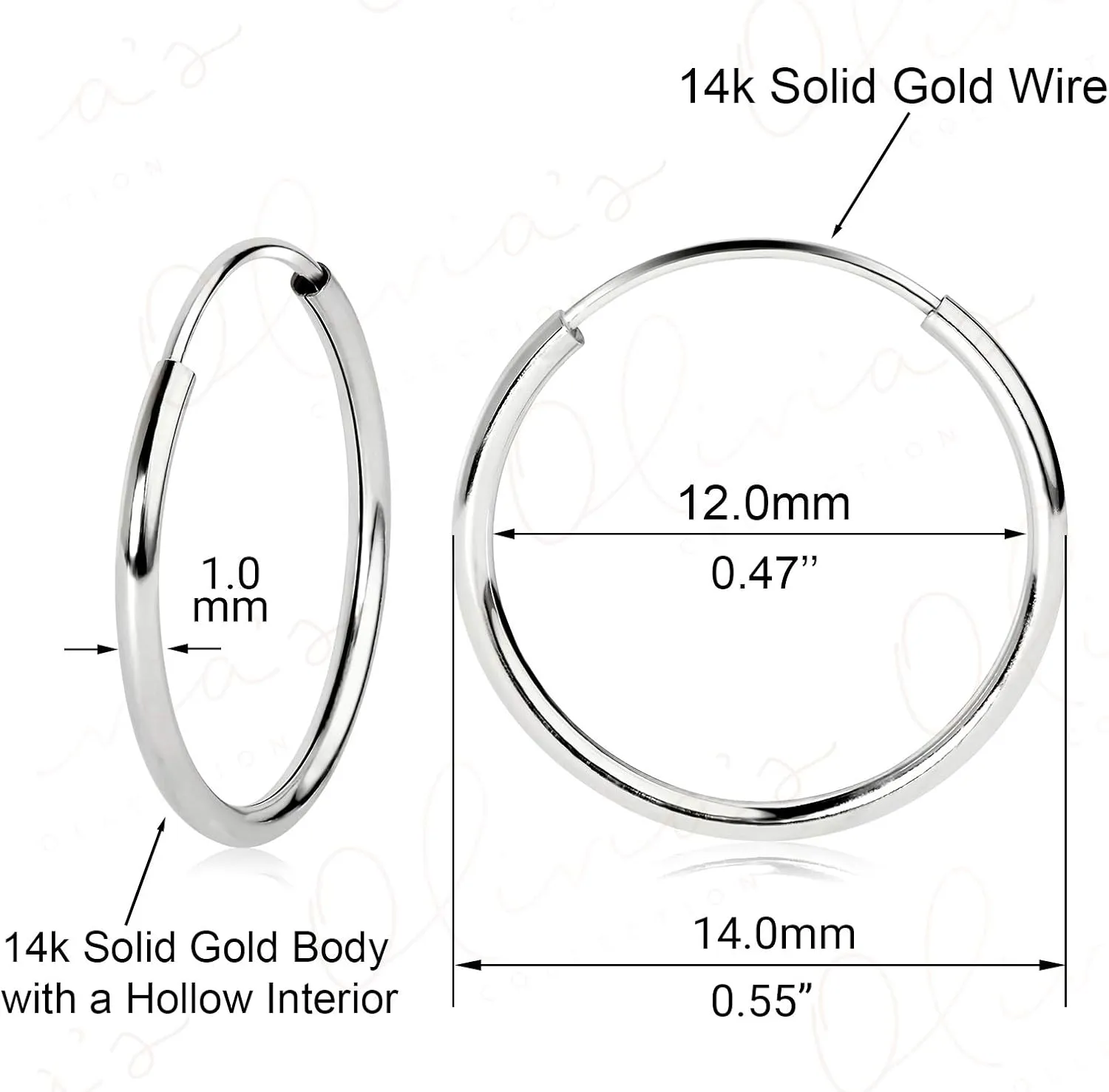 Olivia's Collection 14k White or Yellow Gold Lightweight Endless Hoop Earrings (10-20mm) True 1.0mm width. Piercing to Lobe, Upper-Lobe for a Woman, Man, Teens