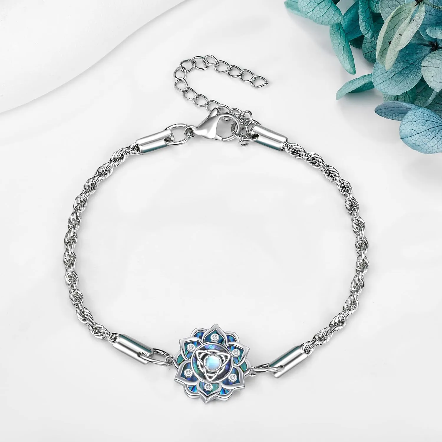 ONEFINITY Moonstone Lotus Bracelet 925 Sterling Silver Abalone Shell Lotus Flower Bracelets Yoga Jewelry Gifts for Women Mom