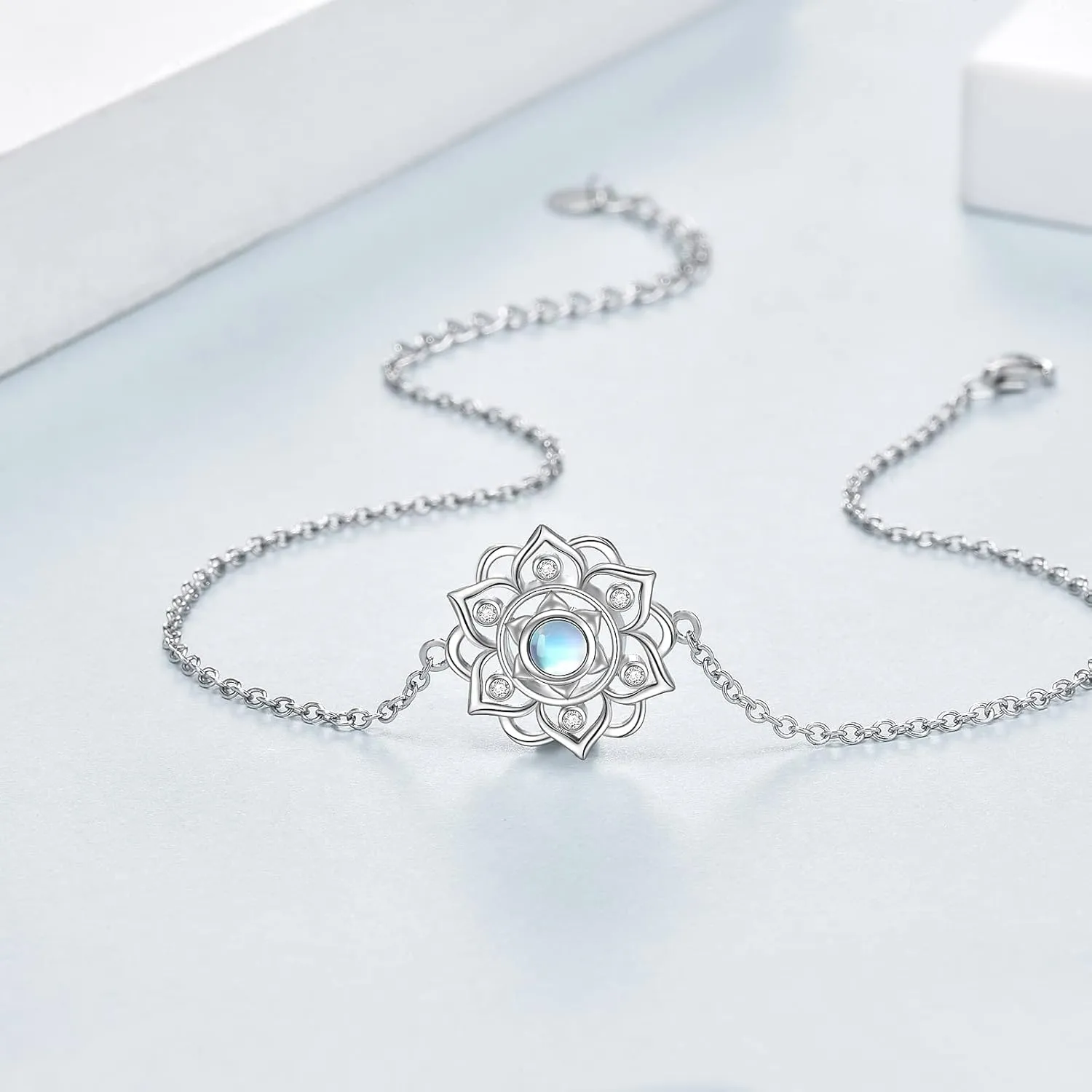 ONEFINITY Moonstone Lotus Bracelet 925 Sterling Silver Abalone Shell Lotus Flower Bracelets Yoga Jewelry Gifts for Women Mom