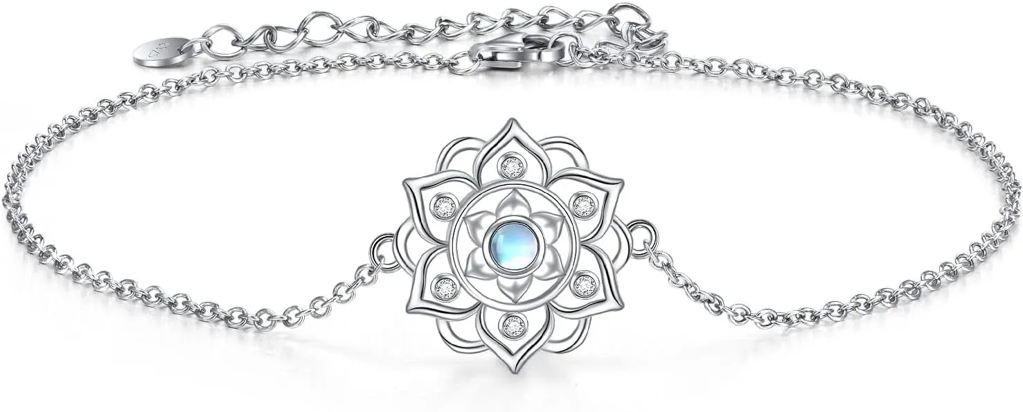 ONEFINITY Moonstone Lotus Bracelet 925 Sterling Silver Abalone Shell Lotus Flower Bracelets Yoga Jewelry Gifts for Women Mom