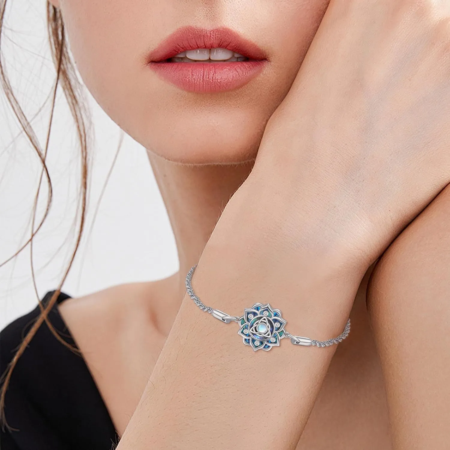 ONEFINITY Moonstone Lotus Bracelet 925 Sterling Silver Abalone Shell Lotus Flower Bracelets Yoga Jewelry Gifts for Women Mom