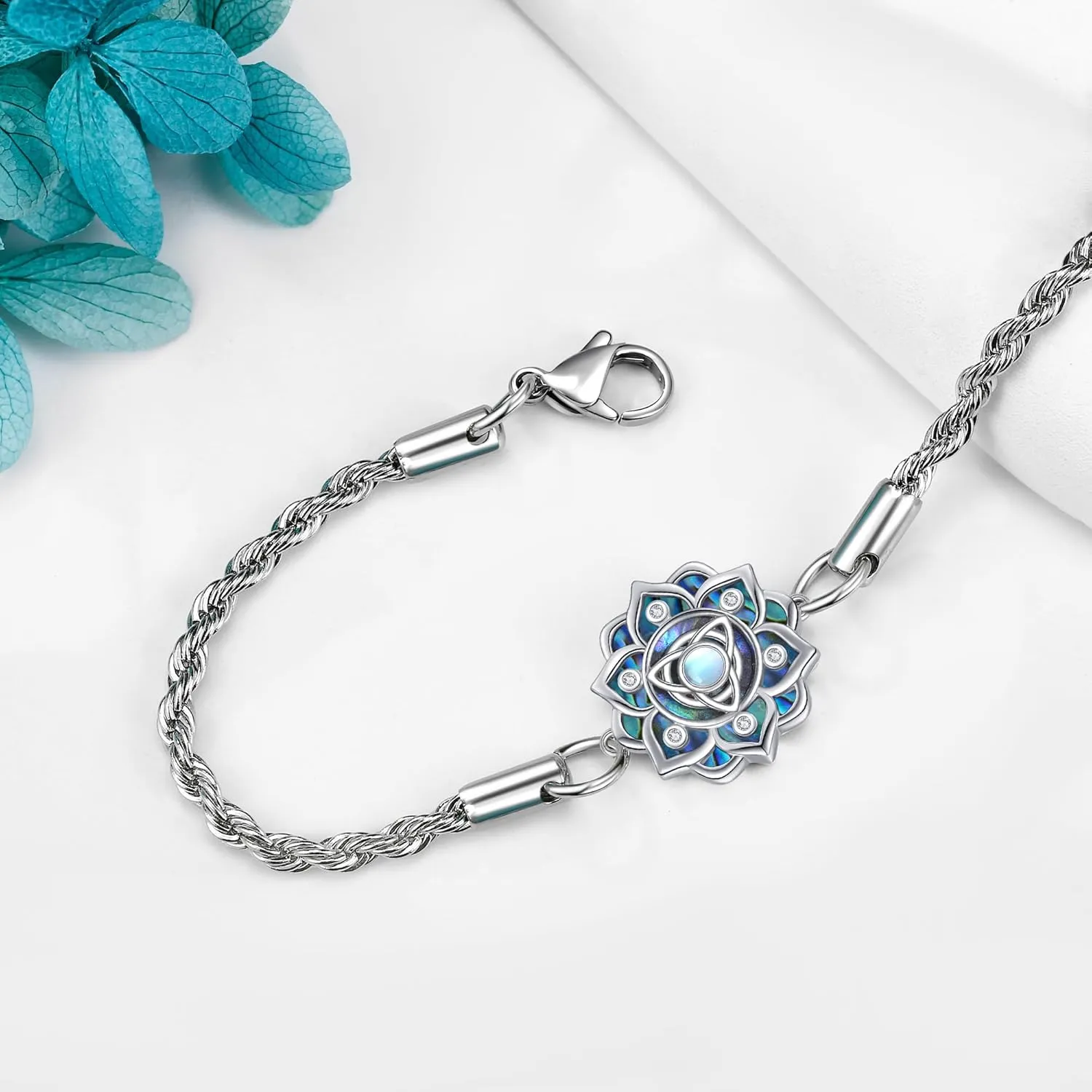 ONEFINITY Moonstone Lotus Bracelet 925 Sterling Silver Abalone Shell Lotus Flower Bracelets Yoga Jewelry Gifts for Women Mom