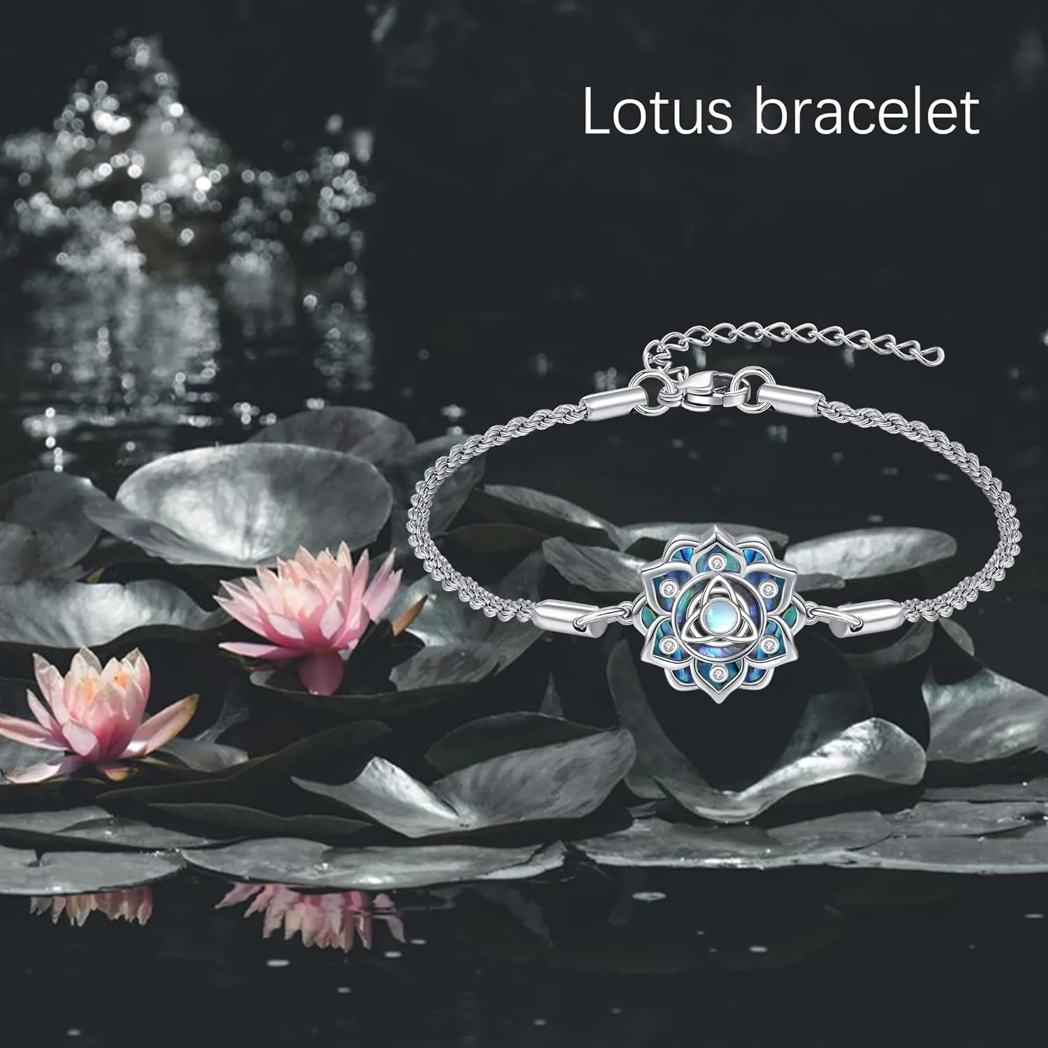 ONEFINITY Moonstone Lotus Bracelet 925 Sterling Silver Abalone Shell Lotus Flower Bracelets Yoga Jewelry Gifts for Women Mom